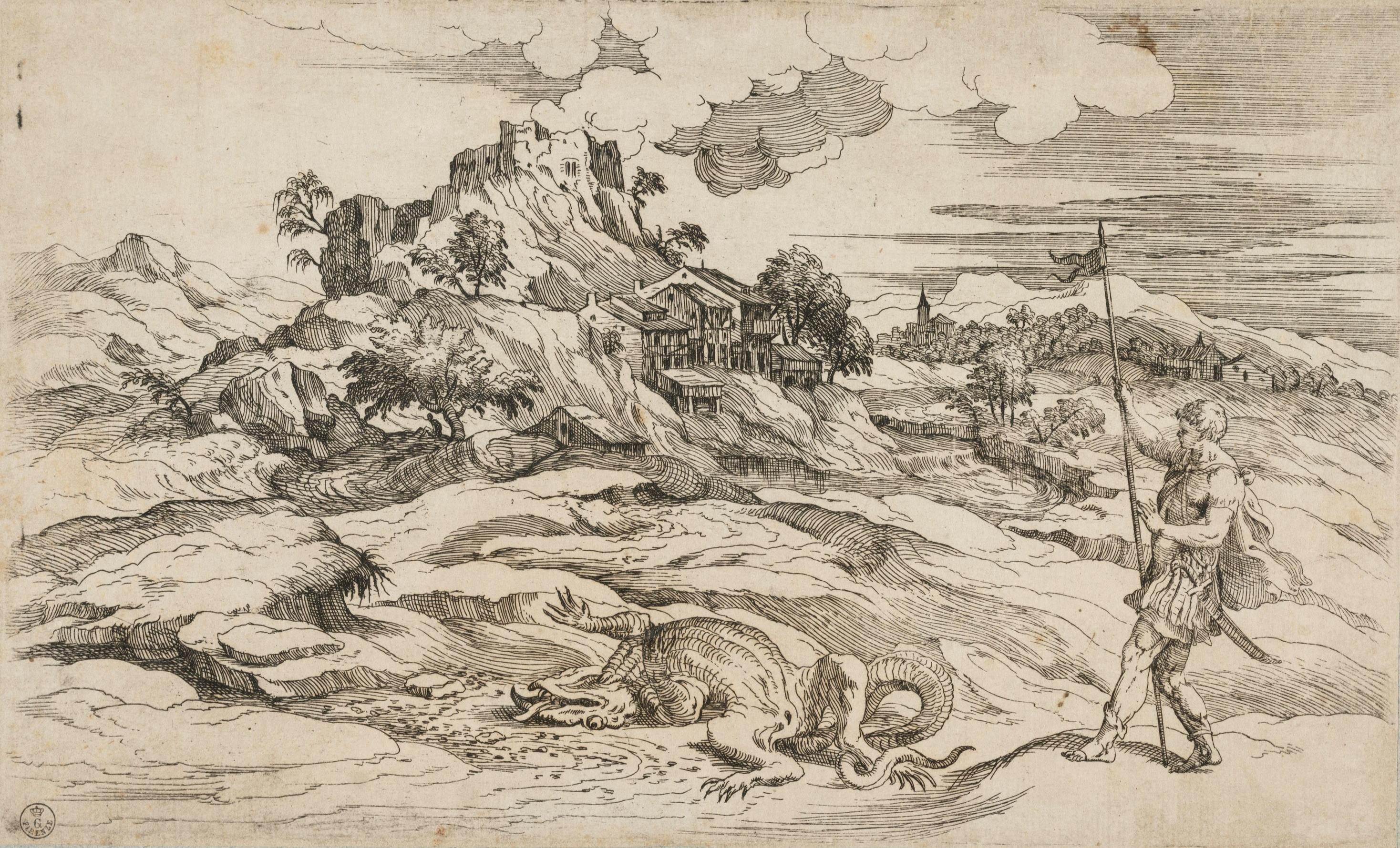 Giovanni Battista D’Angolo detto del Moro, da Tiziano, Paesaggio con san Teodoro e il drago, acquaforte, 1560-70